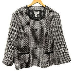 Pendleton Blazer Womens 22W Silk Tweed Leather Trim Black White Lined Jacket